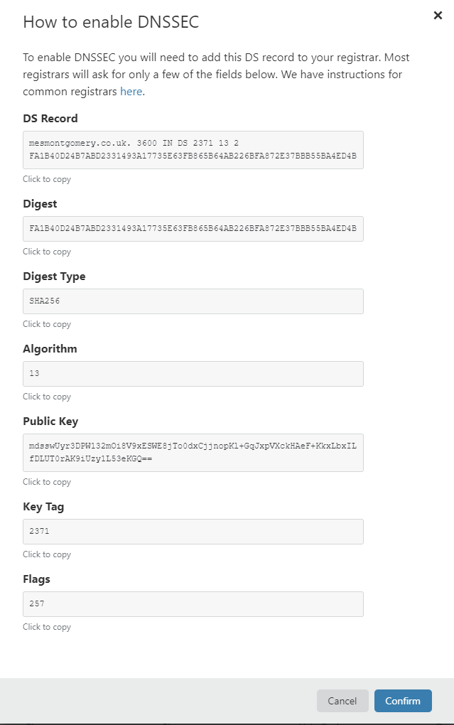 The Cloudflare DS record information generated when you click enable.